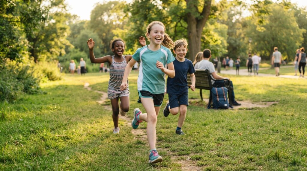 Child running playing outdoors park