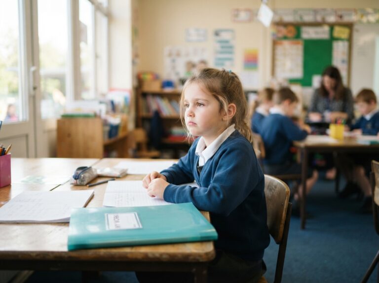 epilepsy behavior problems in children — child looking anxious while sitting in a classroom