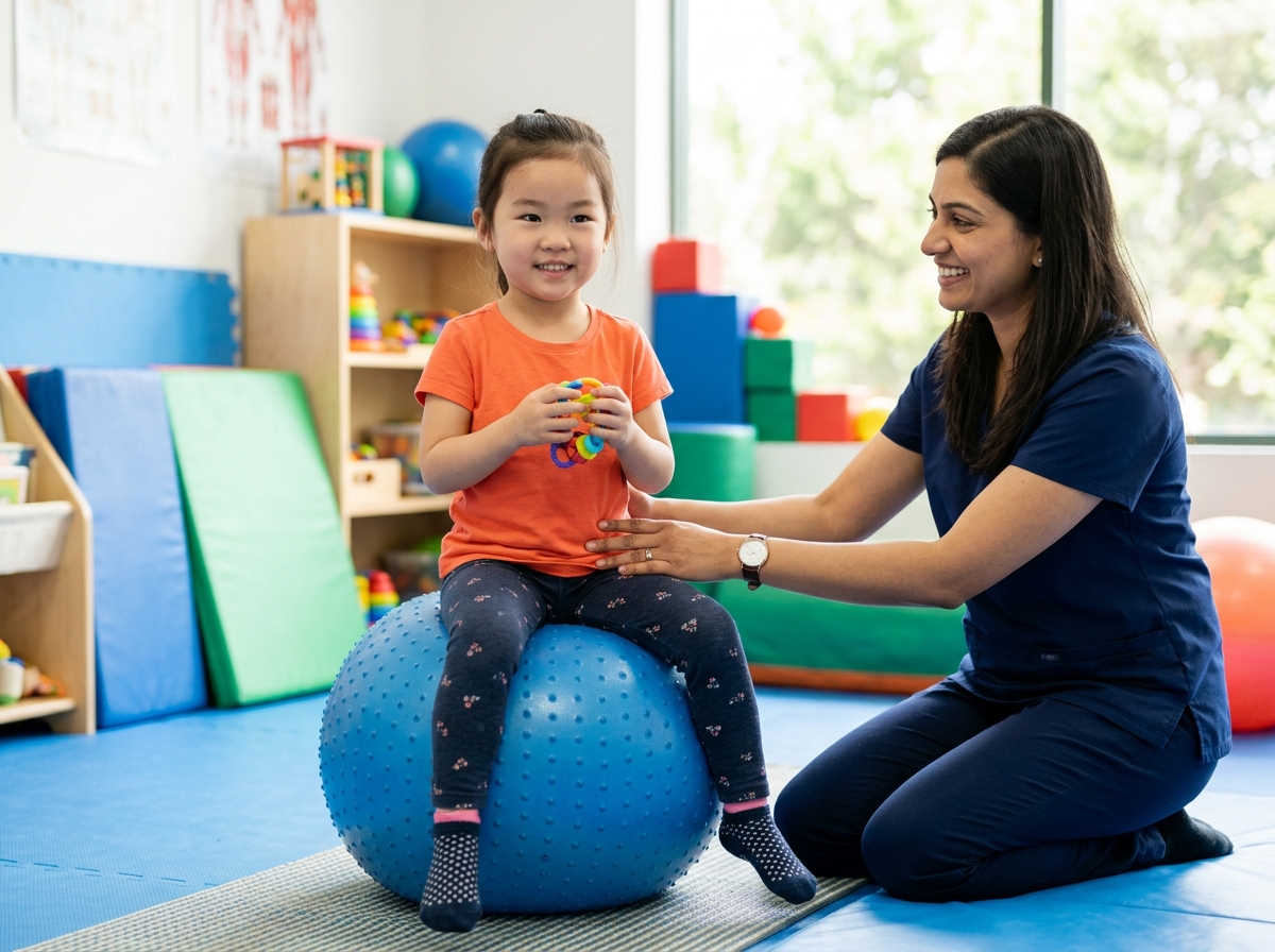 Child sitting on therapy ball