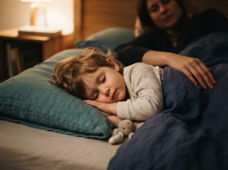 child resting after seizure recovery — young child sleeping peacefully, teal bedding
