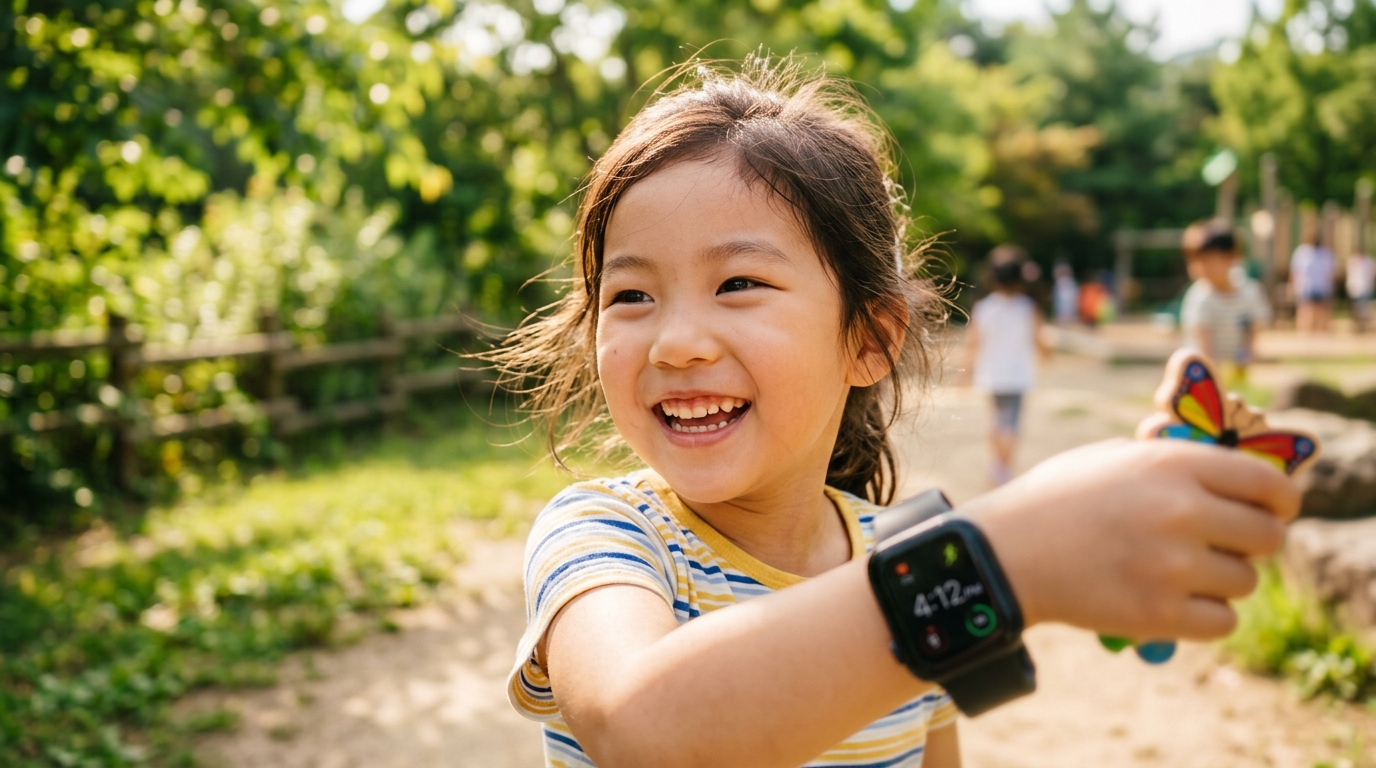 Child smiling with smartwatch ou…
