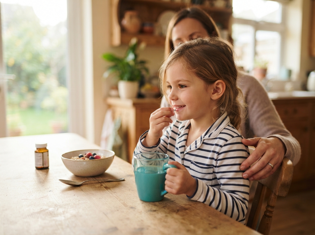 epilepsy medication routine for child — child taking tablet with water at breakfast