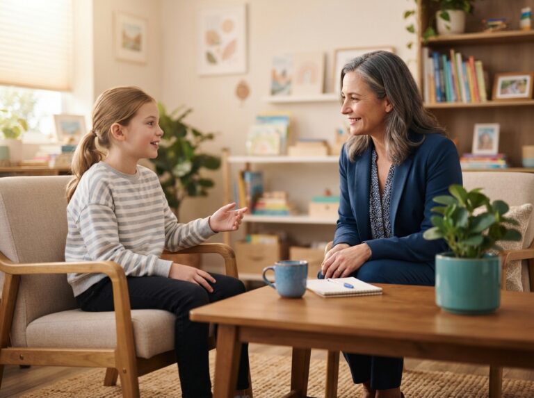 epilepsy and ADHD in children — child and school counsellor talking in an office