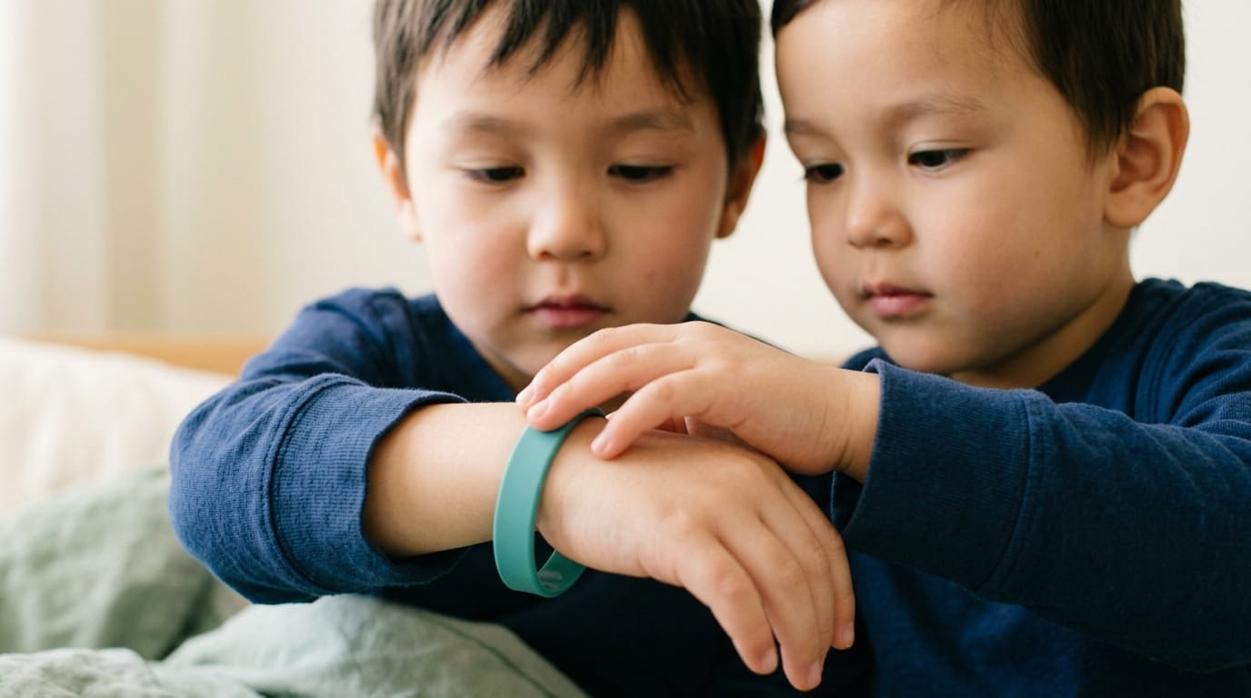 A child showing a friend their medical identification bracelet