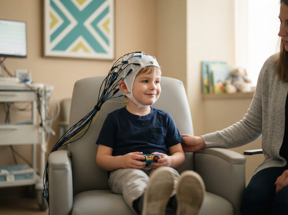 post-infectious epilepsy treatment children — child having an EEG test, calm and cooperative