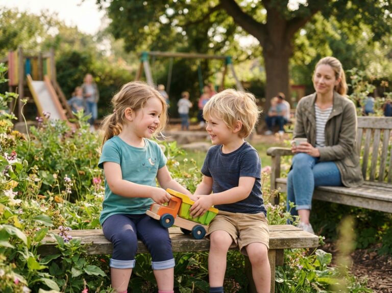 child with hydrocephalus social interaction — children playing in garden, warm outdoor lighting