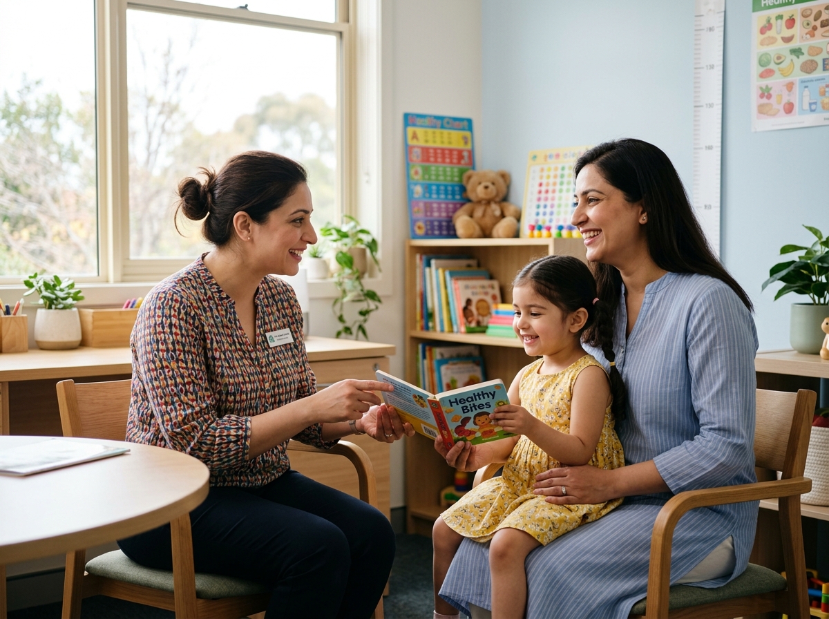 Dietitian talking with parent child