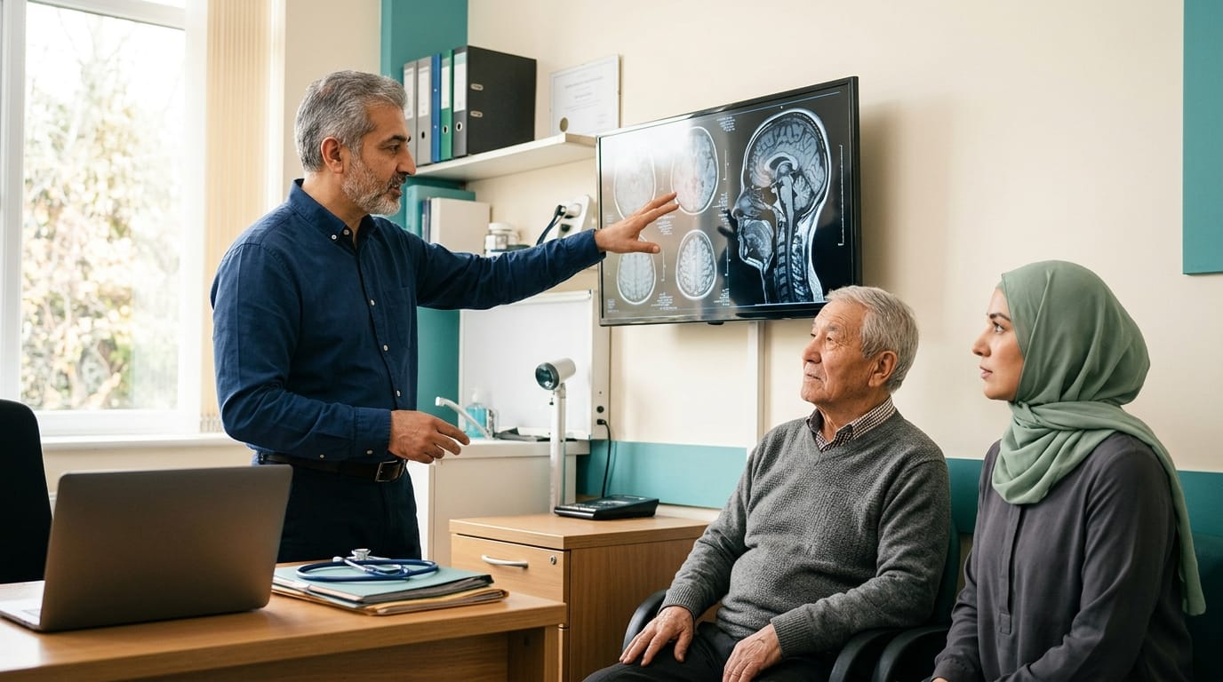 NPH vs dementia — a doctor explaining a brain scan to an older patient and his daughter