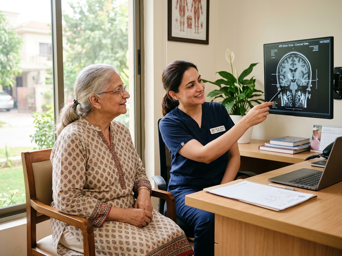 Doctor reviewing brain scan with…