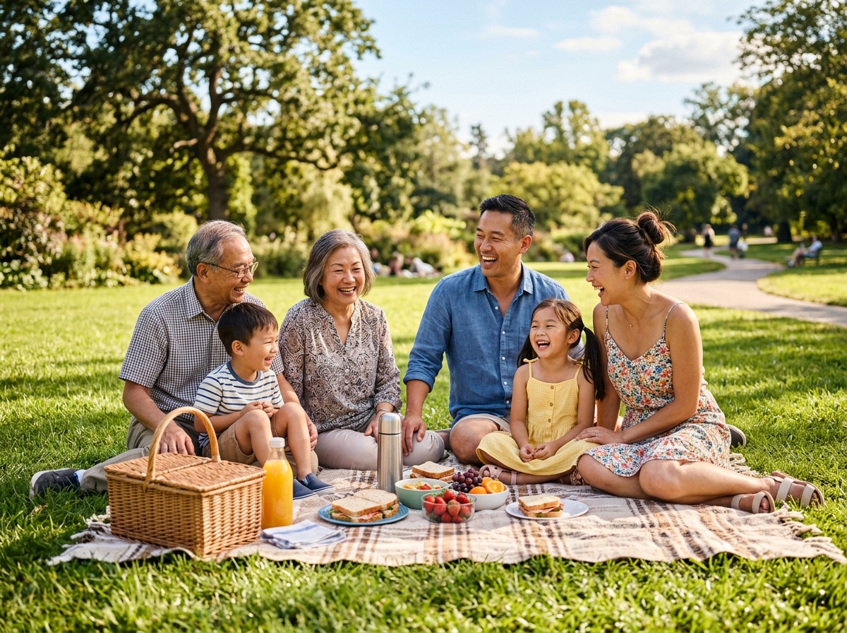 Family having a picnic outdoors