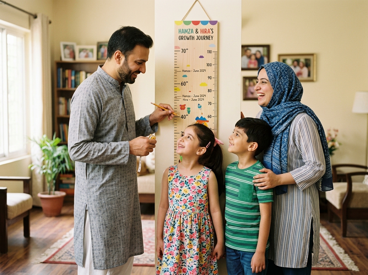 Family looking at calendar together