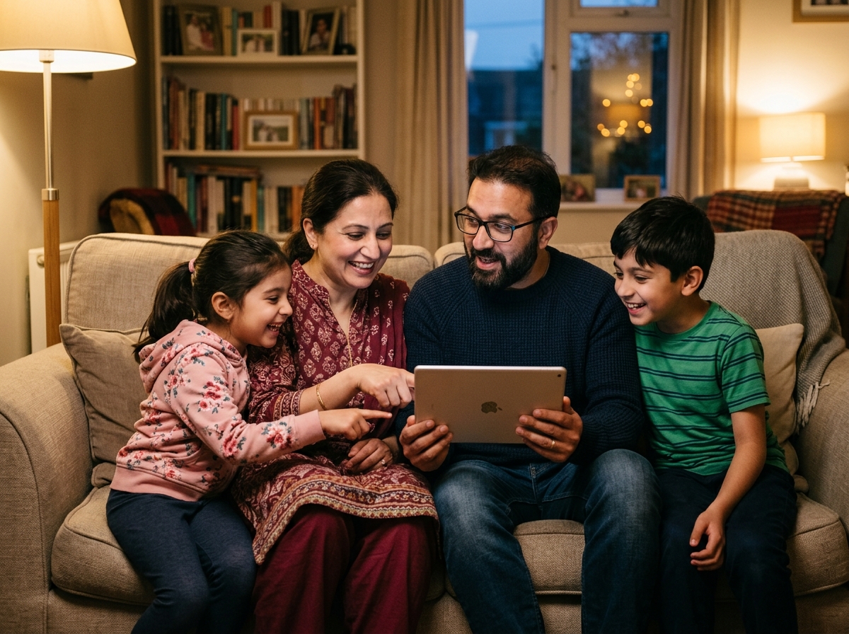 Family looking at tablet together