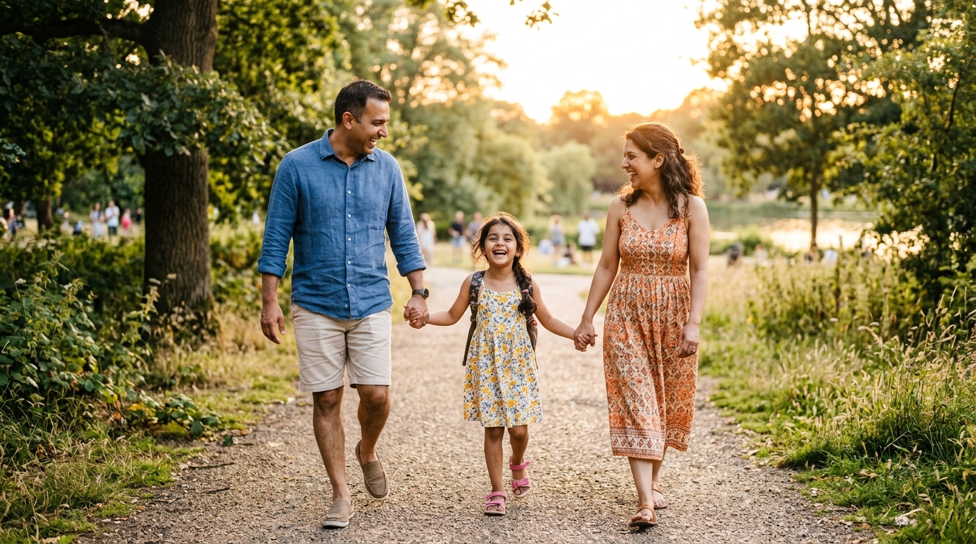 Family walking on park path