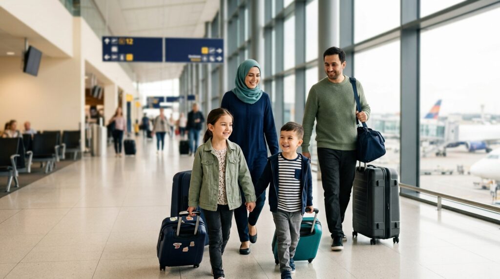 Flying with a VP shunt or epilepsy — a family travelling calmly through an airport