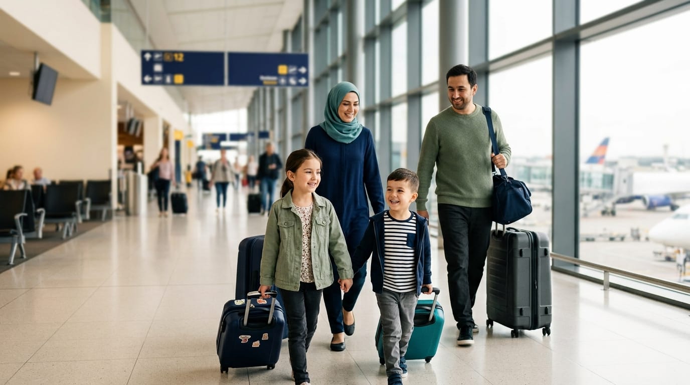 Flying with a VP shunt or epilepsy — a family travelling calmly through an airport