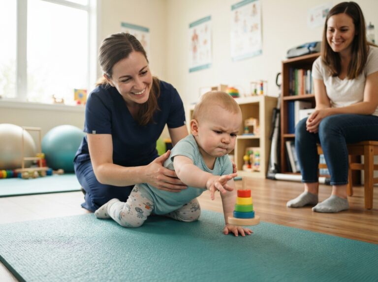 hydrocephalus recovery in babies — infant during a physiotherapy session with a therapist