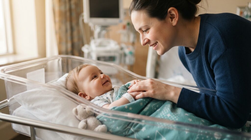 Infant in hospital crib