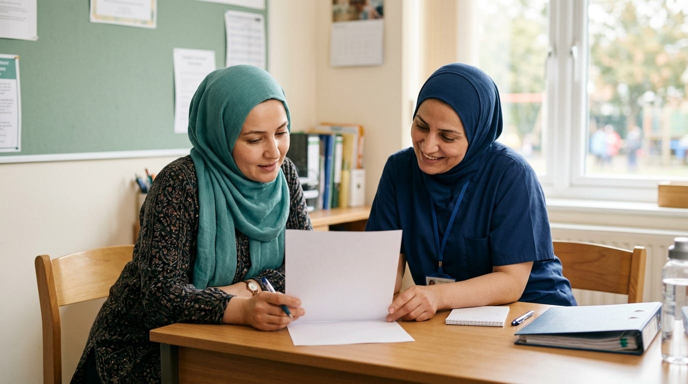 Seizure action plan for school — a parent and school nurse reviewing the plan together