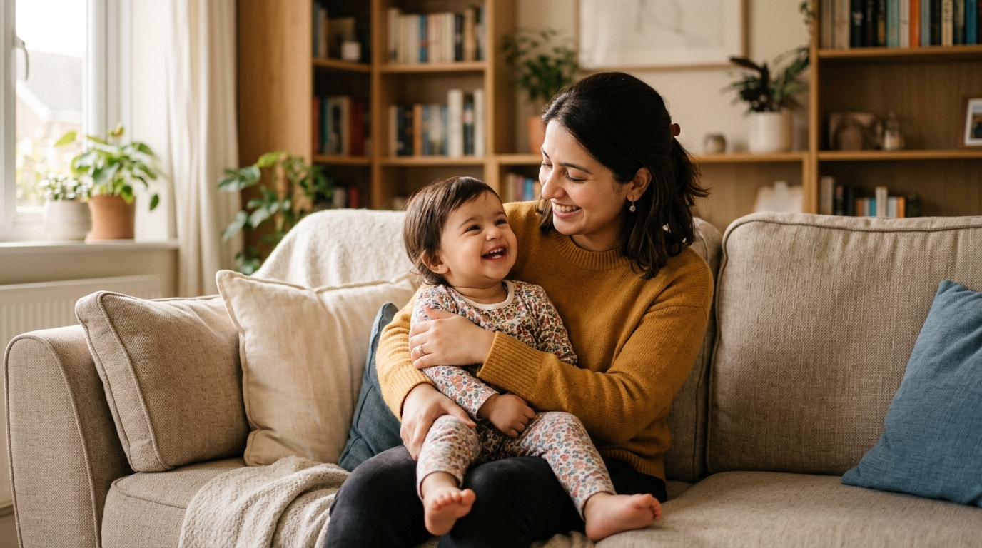 Mother holding toddler on couch