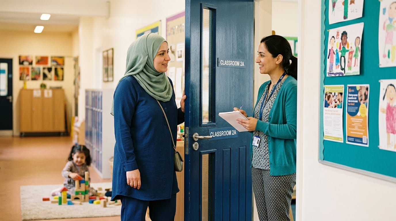 A parent briefing the class teacher about their child's epilepsy