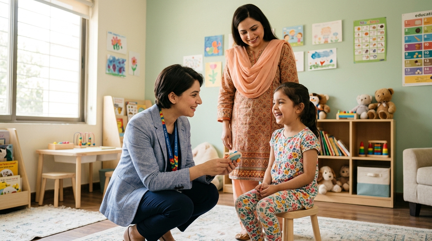 Neurologist smiling with child