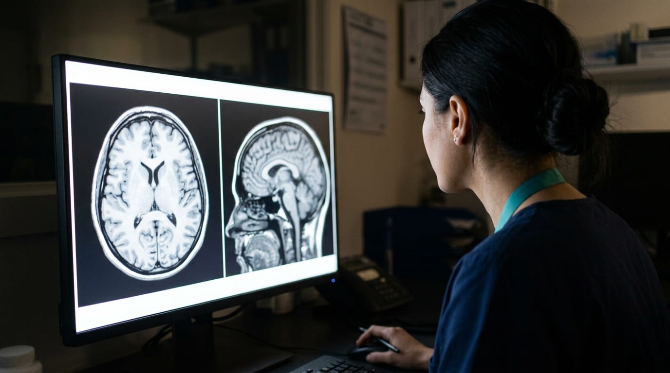 Neurologist comparing brain scans showing enlarged ventricles