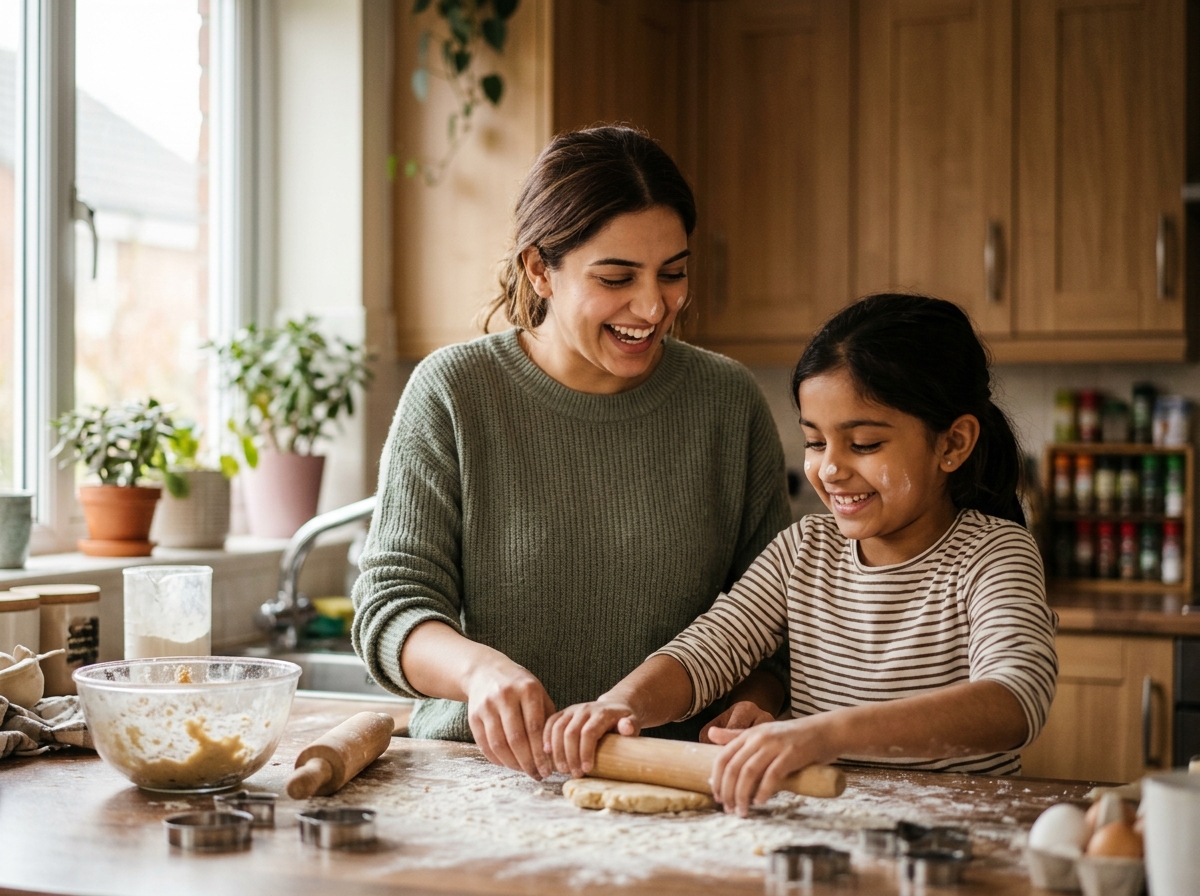 Parent and sibling baking together