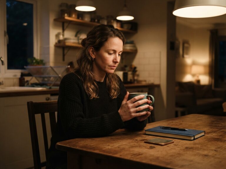 parent caregiver reflection hydrocephalus — parent sitting with warm mug, soft evening lighting
