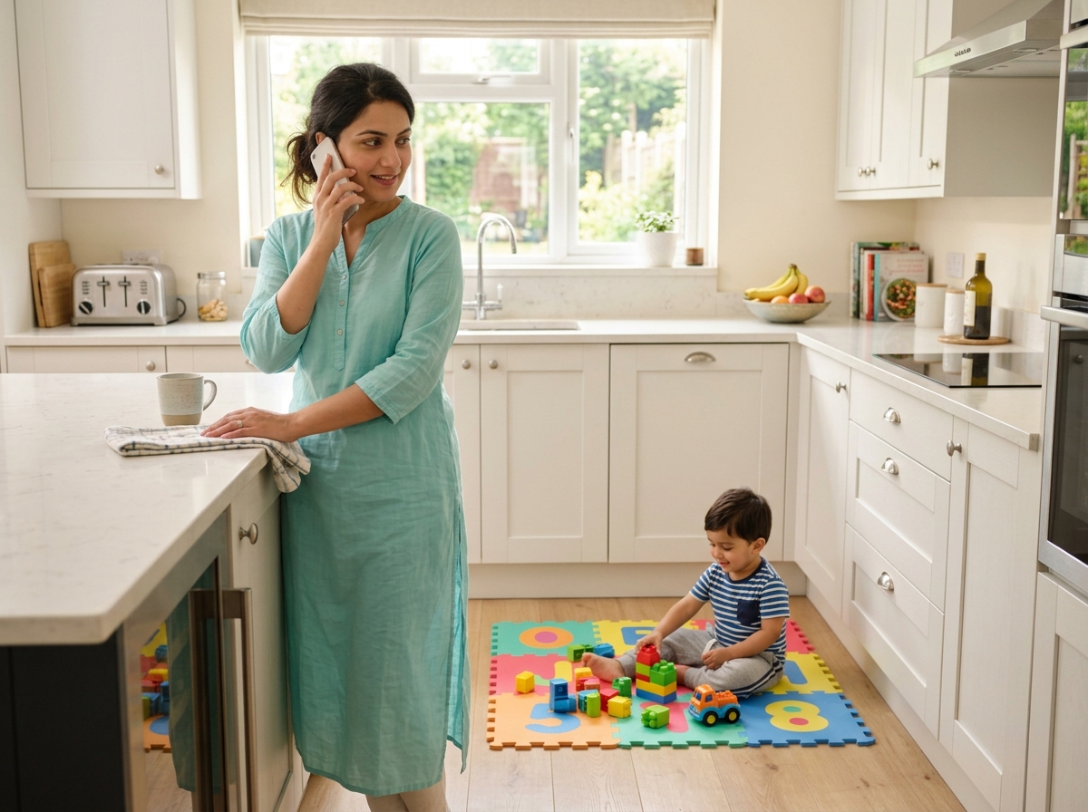 Parent on phone watching toddler
