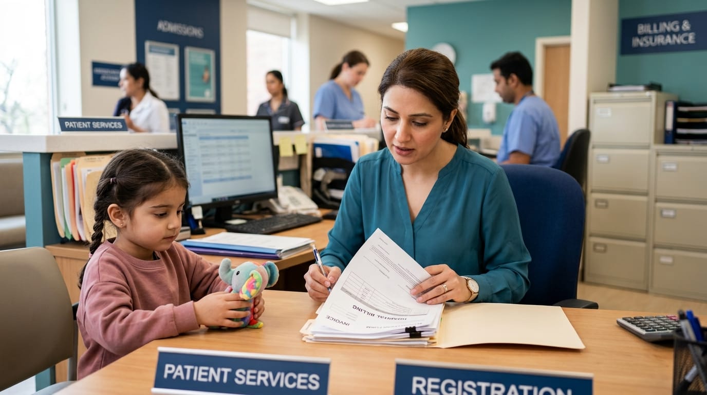 hydrocephalus shunt surgery cost — parent reviewing hospital bills with child