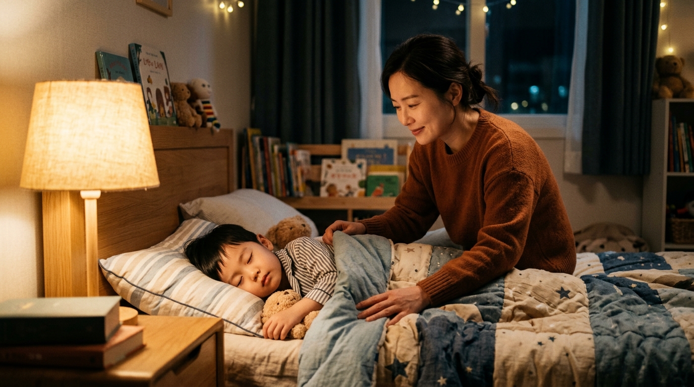 Parent tucking child into bed