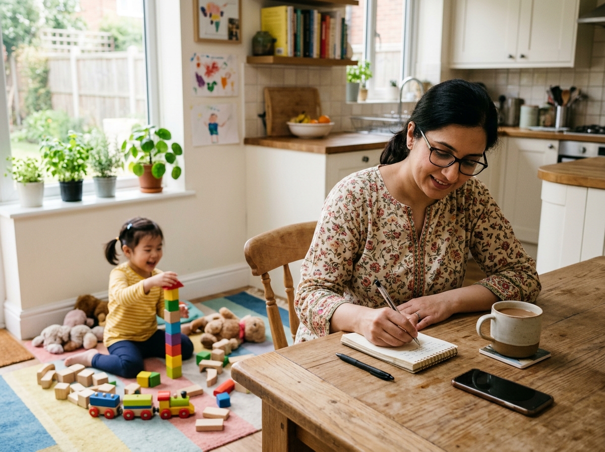 Parent writing at kitchen table