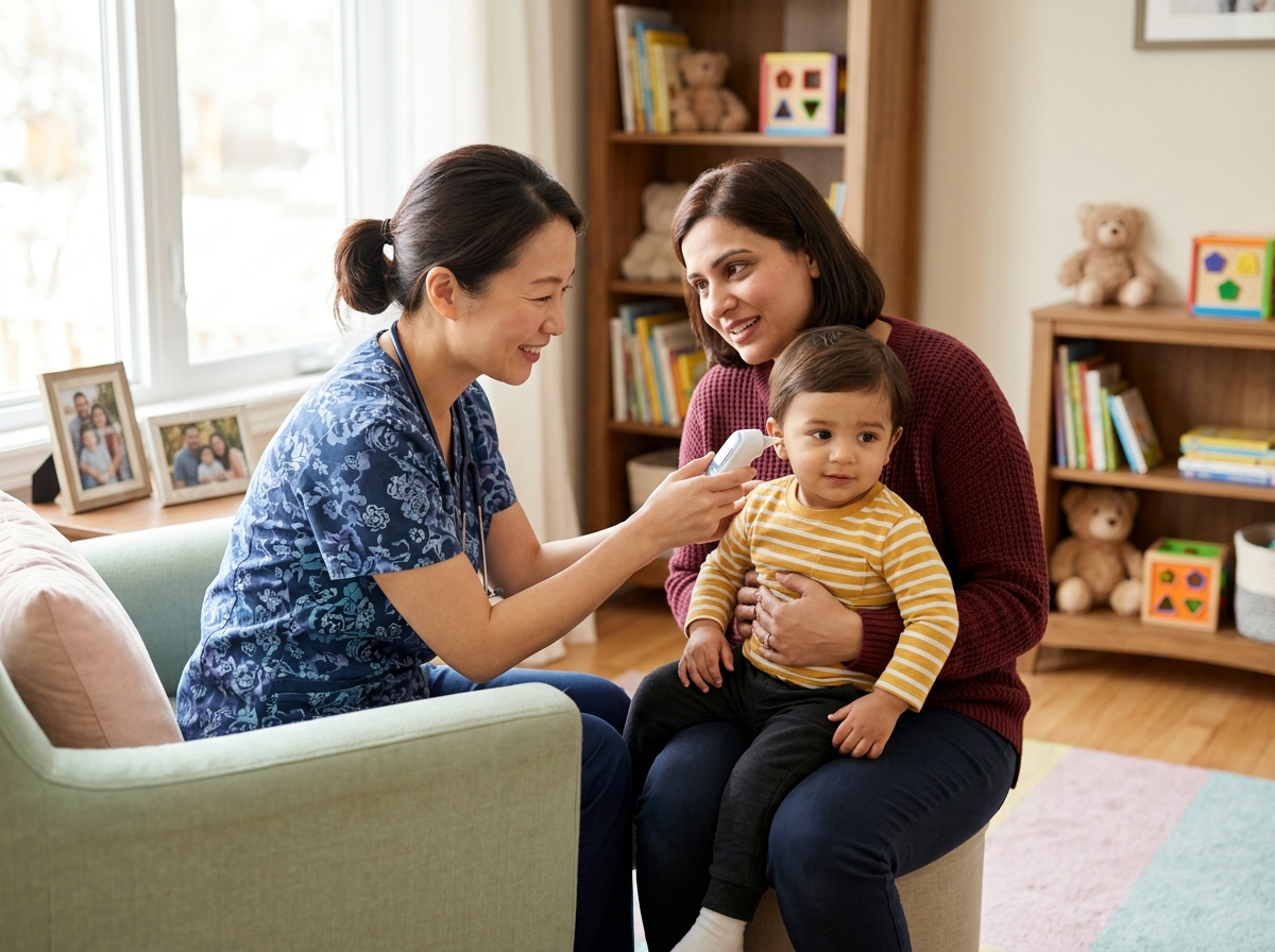 Pediatrician taking toddler temp…