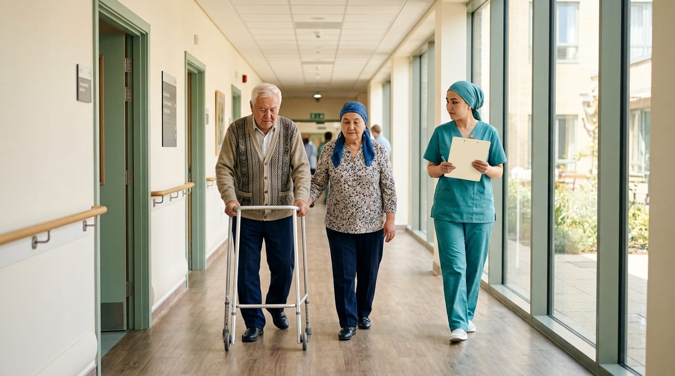 Physiotherapist assessing walking pattern to distinguish NPH from dementia