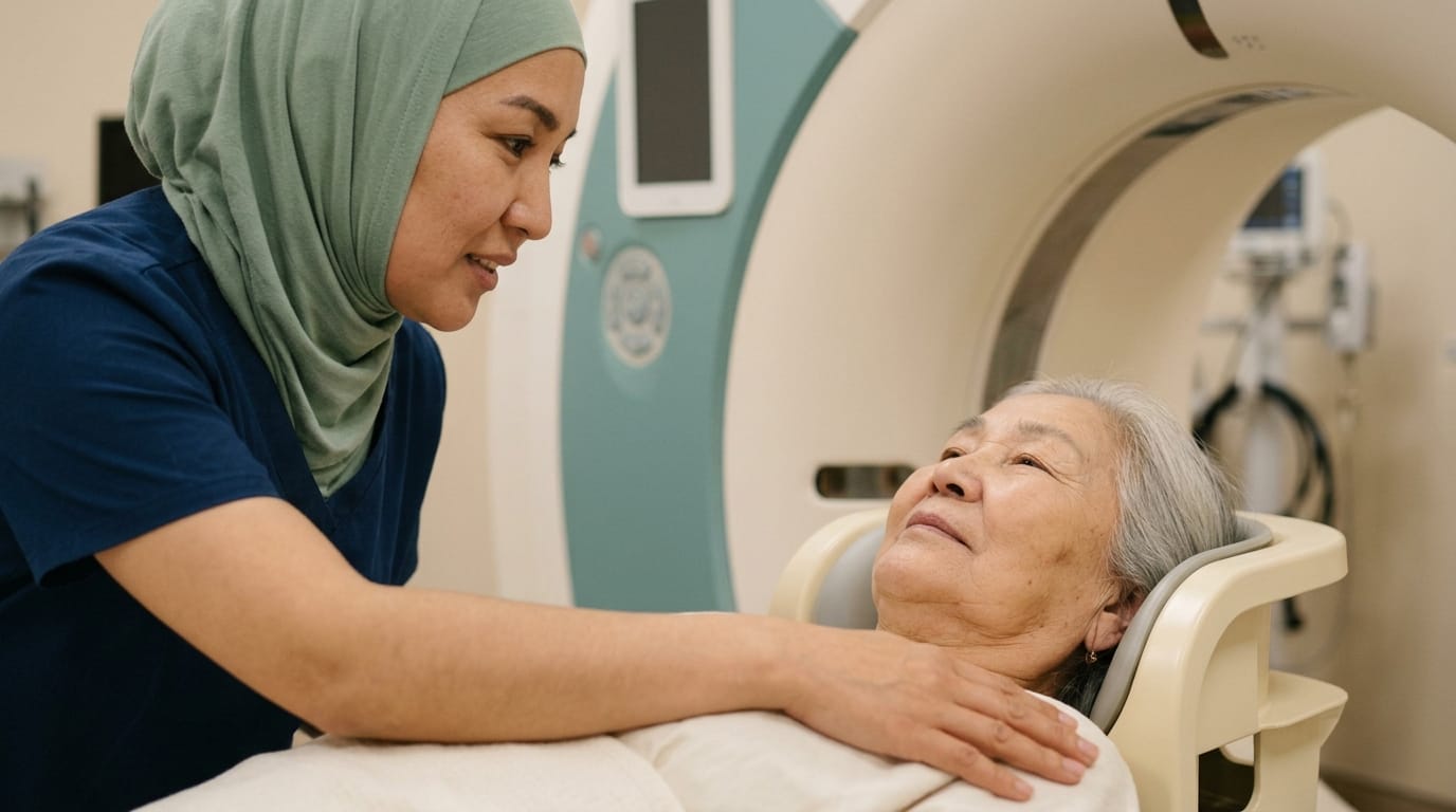An older adult being reassured before a CT scan for suspected hydrocephalus