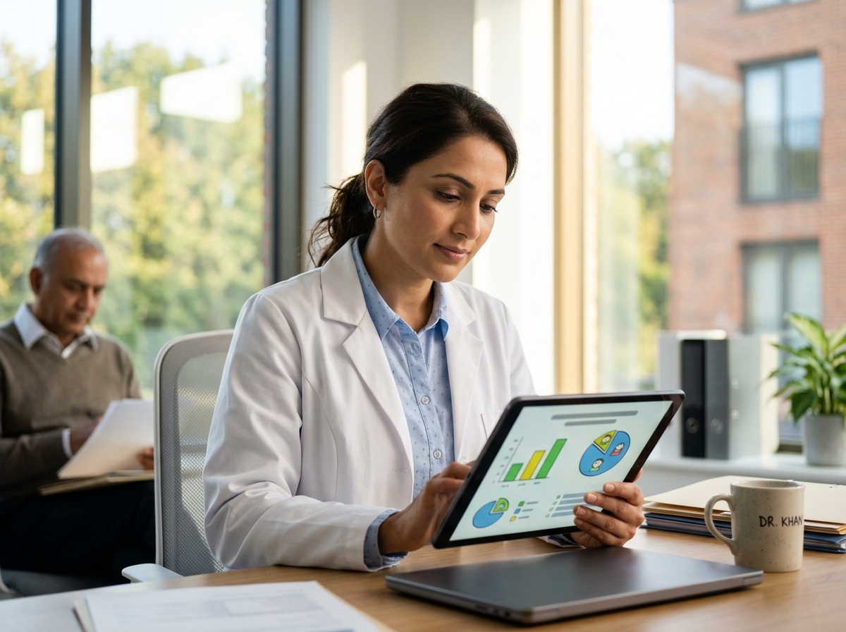 Researcher reviewing tablet in o…