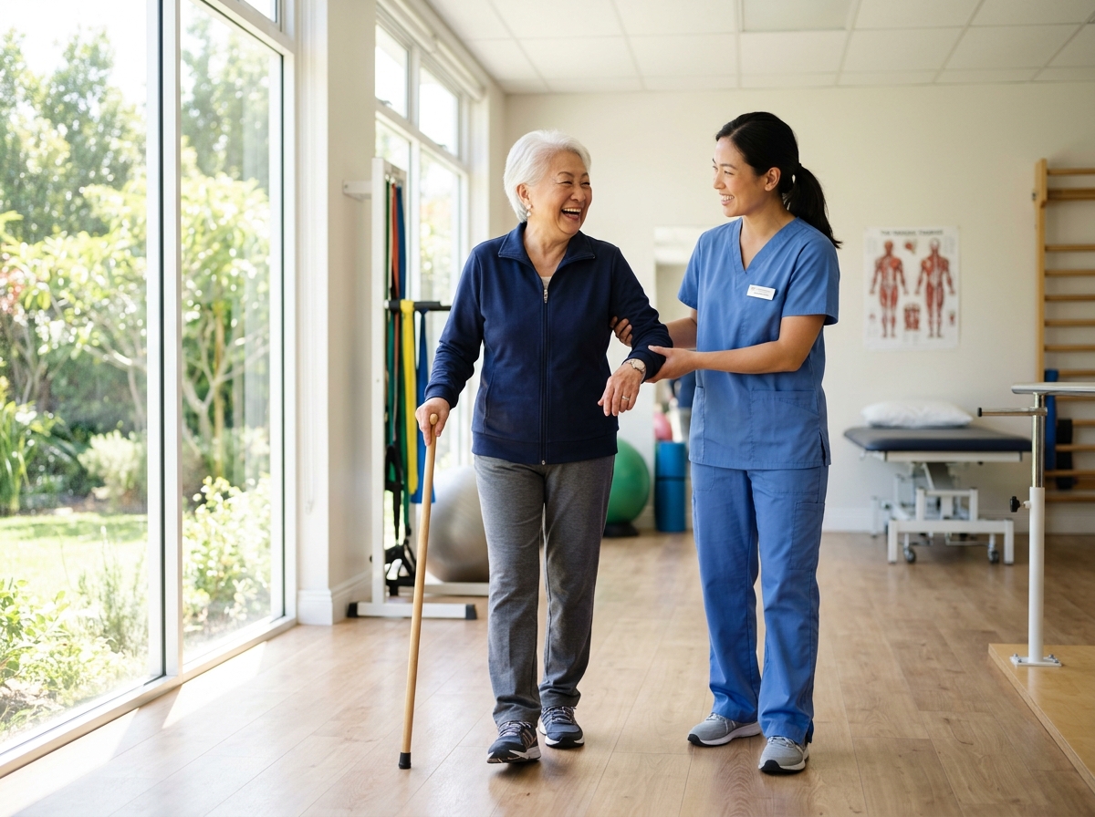 Senior adult stretching with the…