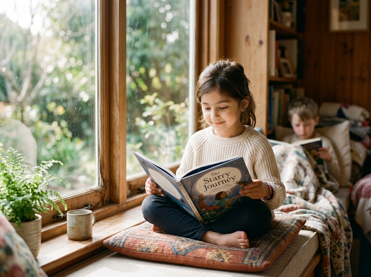 Sibling sitting near window reading