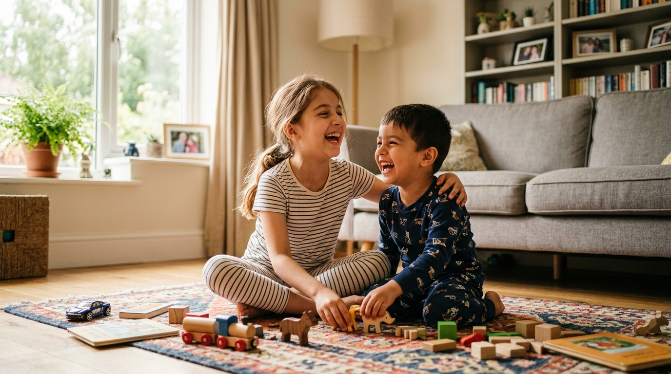 Siblings laughing and playing to…