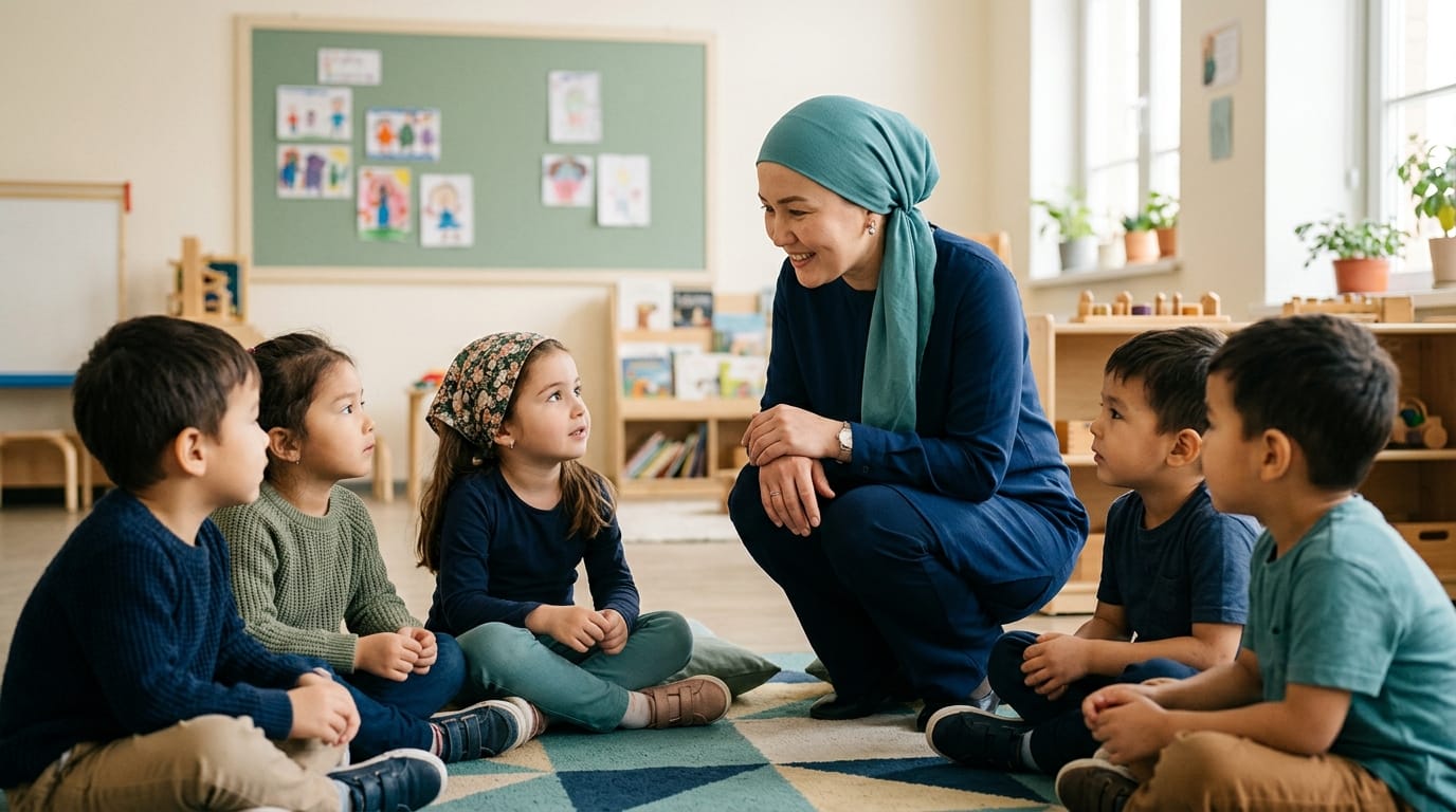 Teacher explaining epilepsy simply to a class of young children
