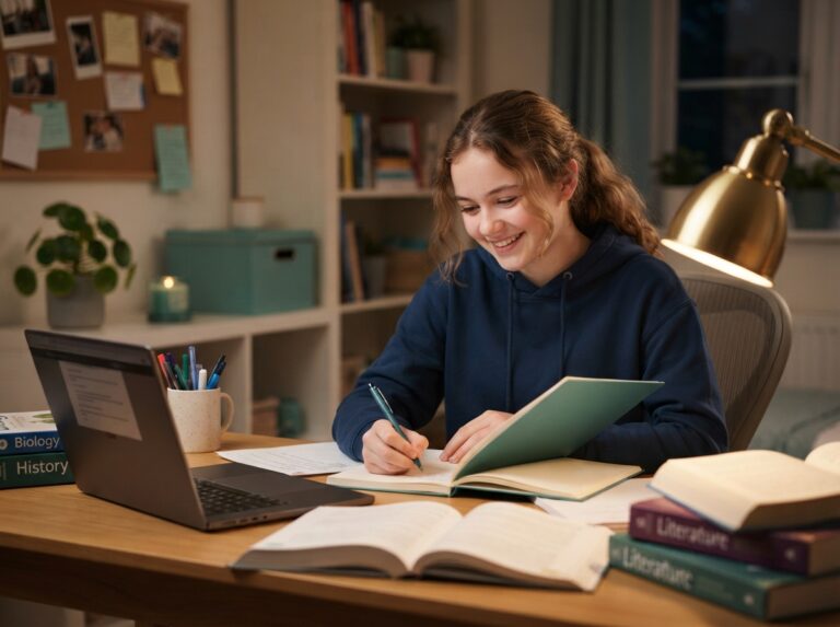 growing up with a shunt — teenager studying at home, confident expression