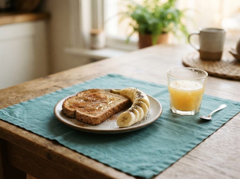 seizure recovery foods — plate of whole grain toast, banana and diluted juice