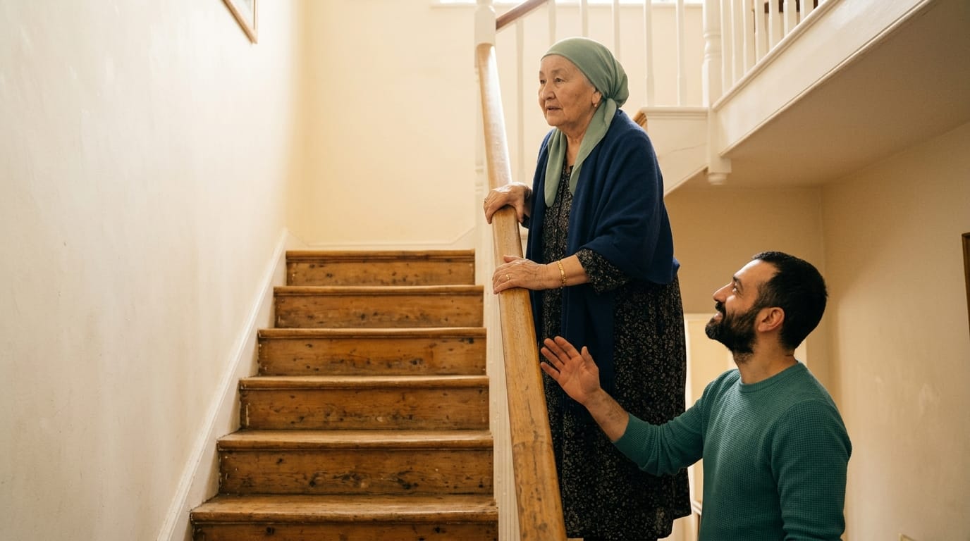 Older adult holding a stair rail carefully because of balance difficulty