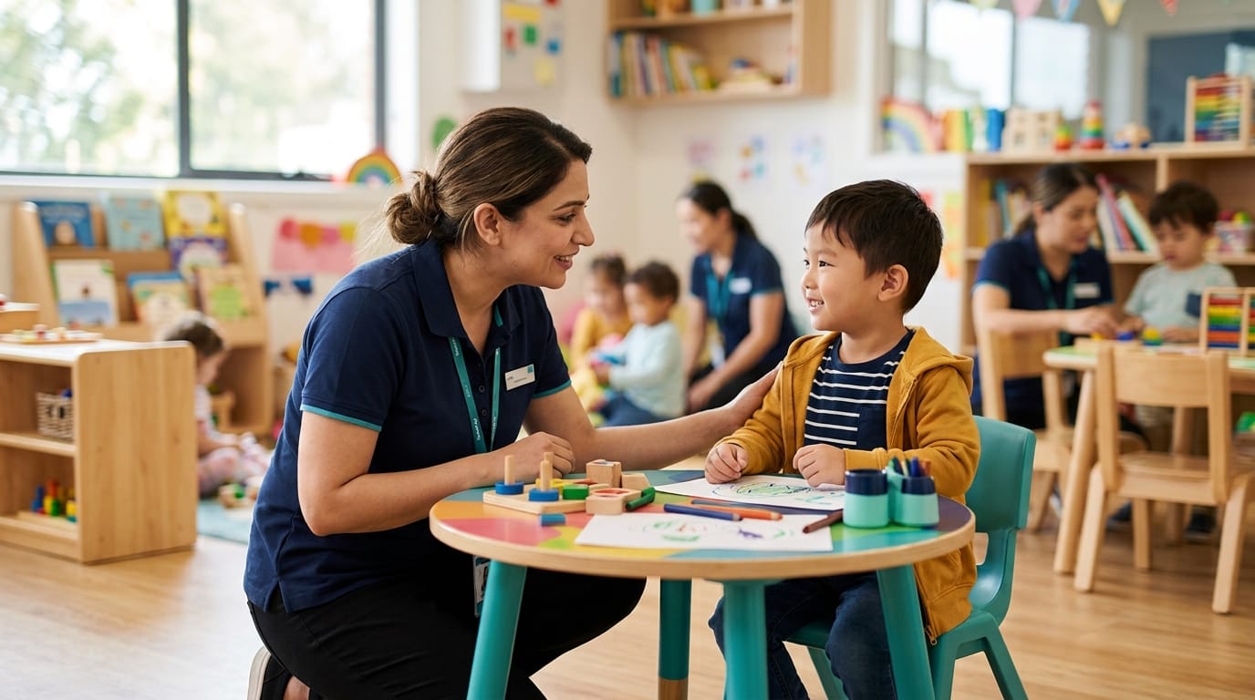Adult talking with a young child about an upcoming vaccination