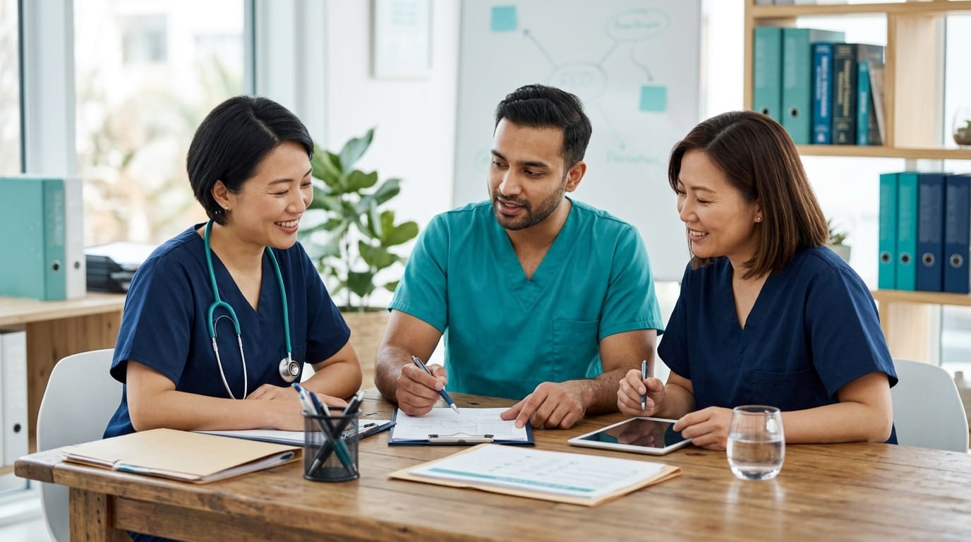 Care team conferring around a table before a second opinion consultation