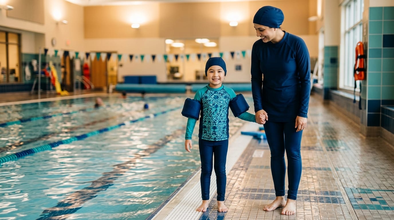 Child and parent enjoying pool time after shunt healing