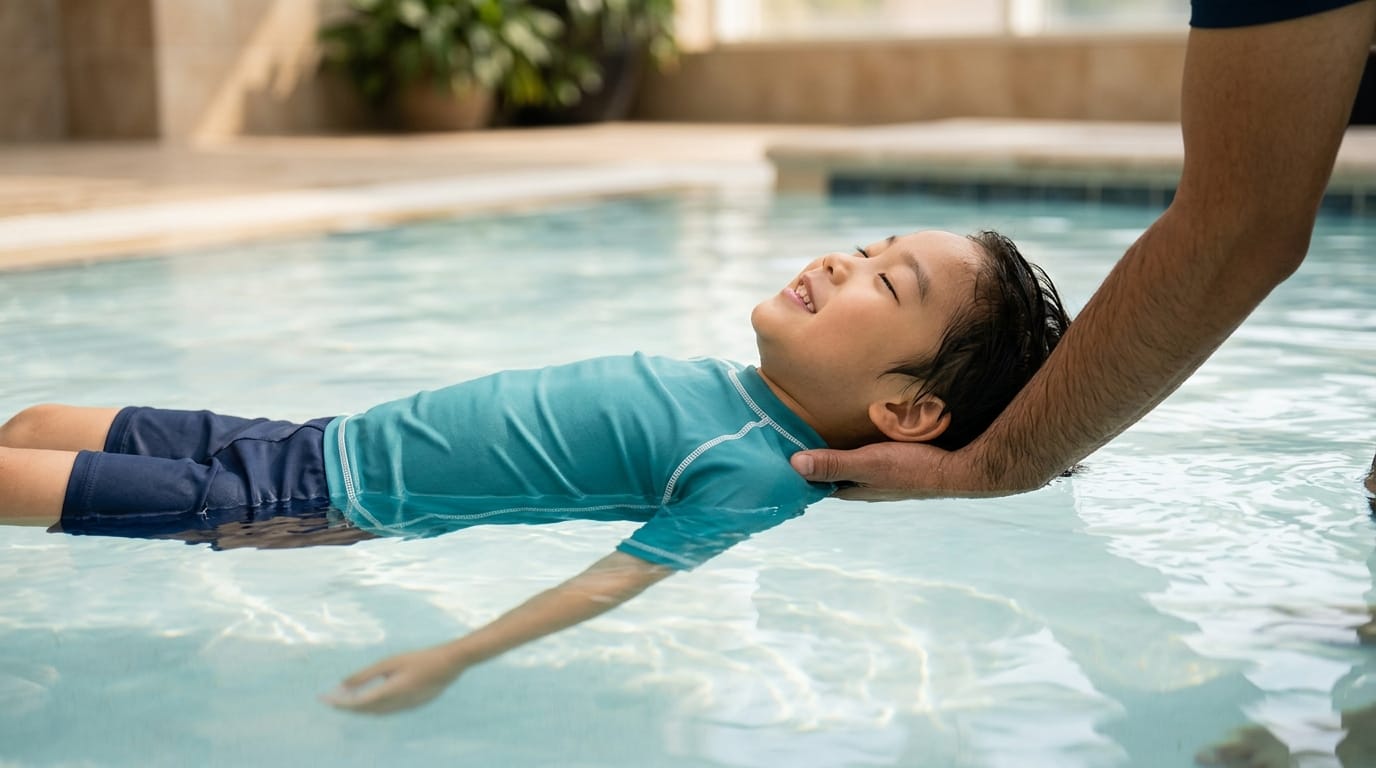 Child floating happily in water after VP shunt healing