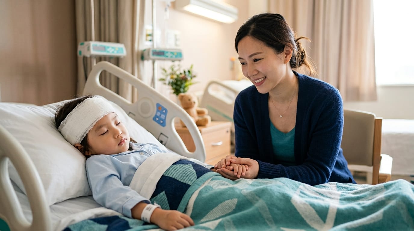 Child recovering from hydrocephalus surgery