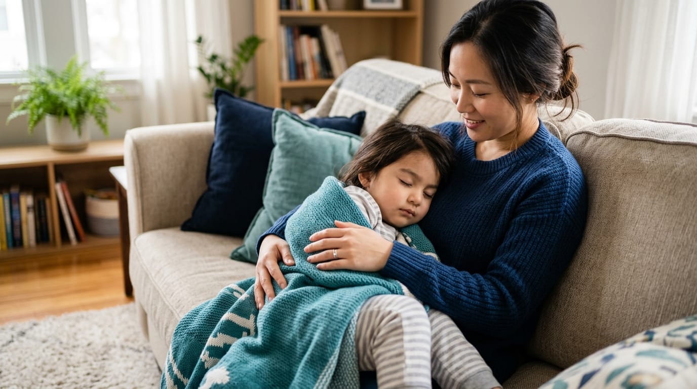Child with epilepsy resting calmly at home with parent