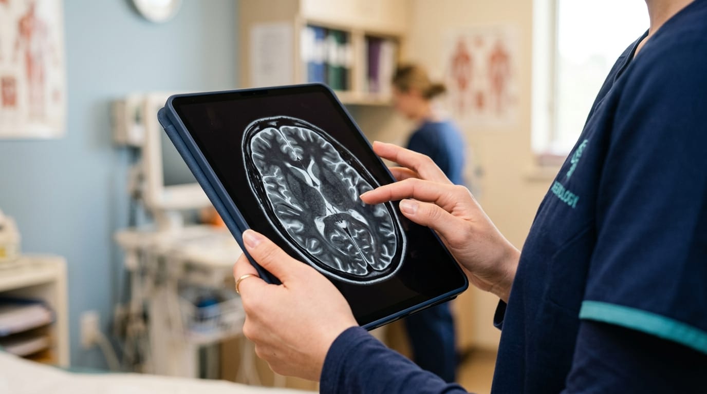 Doctor reviewing brain MRI on tablet for spina bifida hydrocephalus case
